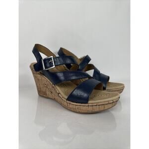 Born B.O.C Sz 9M Cork Wedge Heel Navy Blue Slingback Strappy Ankle Strap Sandals